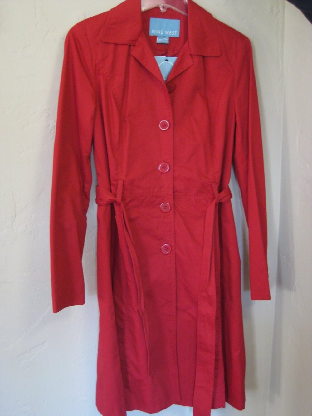 NWT Nine West Red Cotton Trench Coat Overcoat Buttons